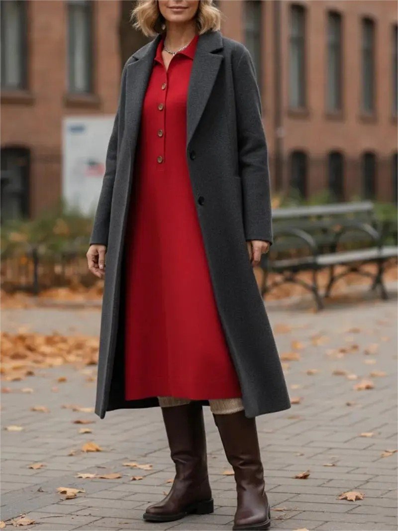 Damen Unifarben Langarm Herbst Kleid Schalkragen Täglich Lässig Maxikleid H-Linie Kleid