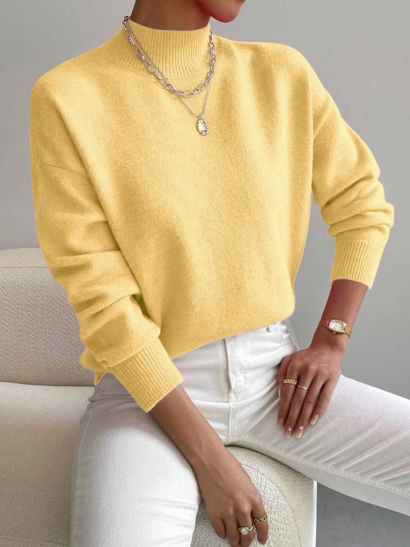 Damen Unifarben Nahtverarbeitung Winter Straße Langarm Mock Neck Pullover