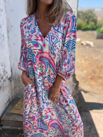 Damen Geblümt Langarm Frühling/Herbst Print Kleid V-Ausschnitt Ballon-Ärmel Täglich Retro Maxikleid T-Shirt-Kleid A-Linien-Kleid