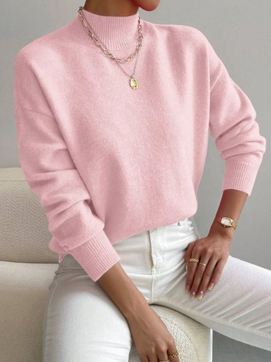 Damen Unifarben Nahtverarbeitung Winter Straße Langarm Mock Neck Pullover