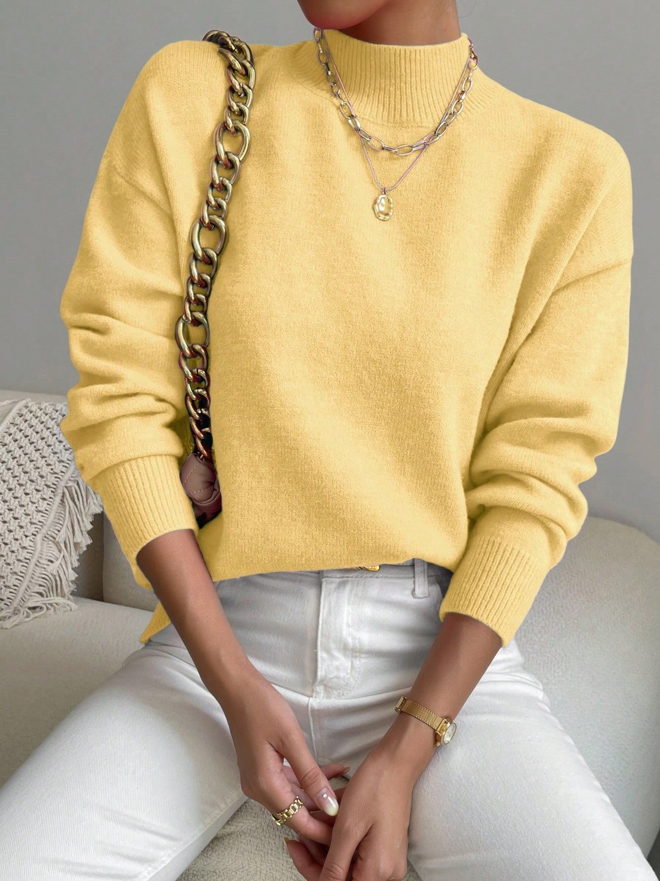 Damen Unifarben Nahtverarbeitung Winter Straße Langarm Mock Neck Pullover
