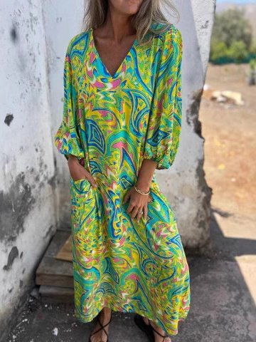 Damen Geblümt Langarm Frühling/Herbst Print Kleid V-Ausschnitt Ballon-Ärmel Täglich Retro Maxikleid T-Shirt-Kleid A-Linien-Kleid