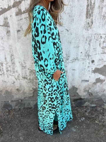 Damen Geblümt Langarm Frühling/Herbst Print Kleid V-Ausschnitt Ballon-Ärmel Täglich Retro Maxikleid T-Shirt-Kleid A-Linien-Kleid