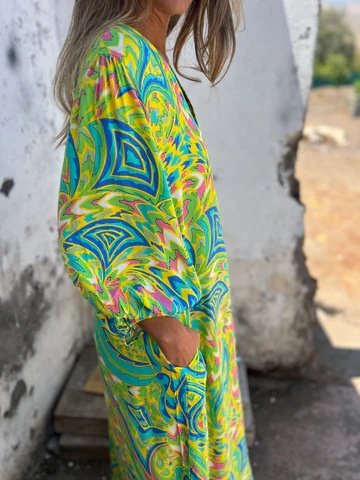 Damen Geblümt Langarm Frühling/Herbst Print Kleid V-Ausschnitt Ballon-Ärmel Täglich Retro Maxikleid T-Shirt-Kleid A-Linien-Kleid