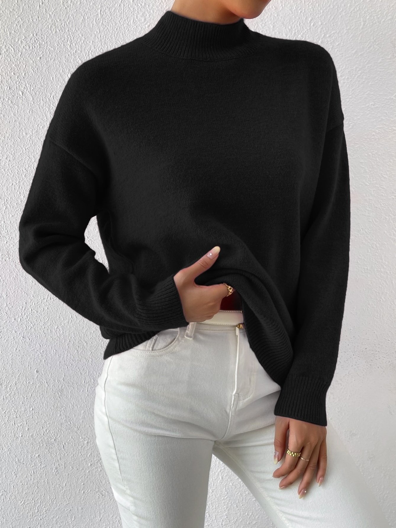 Damen Unifarben Nahtverarbeitung Winter Straße Langarm Mock Neck Pullover