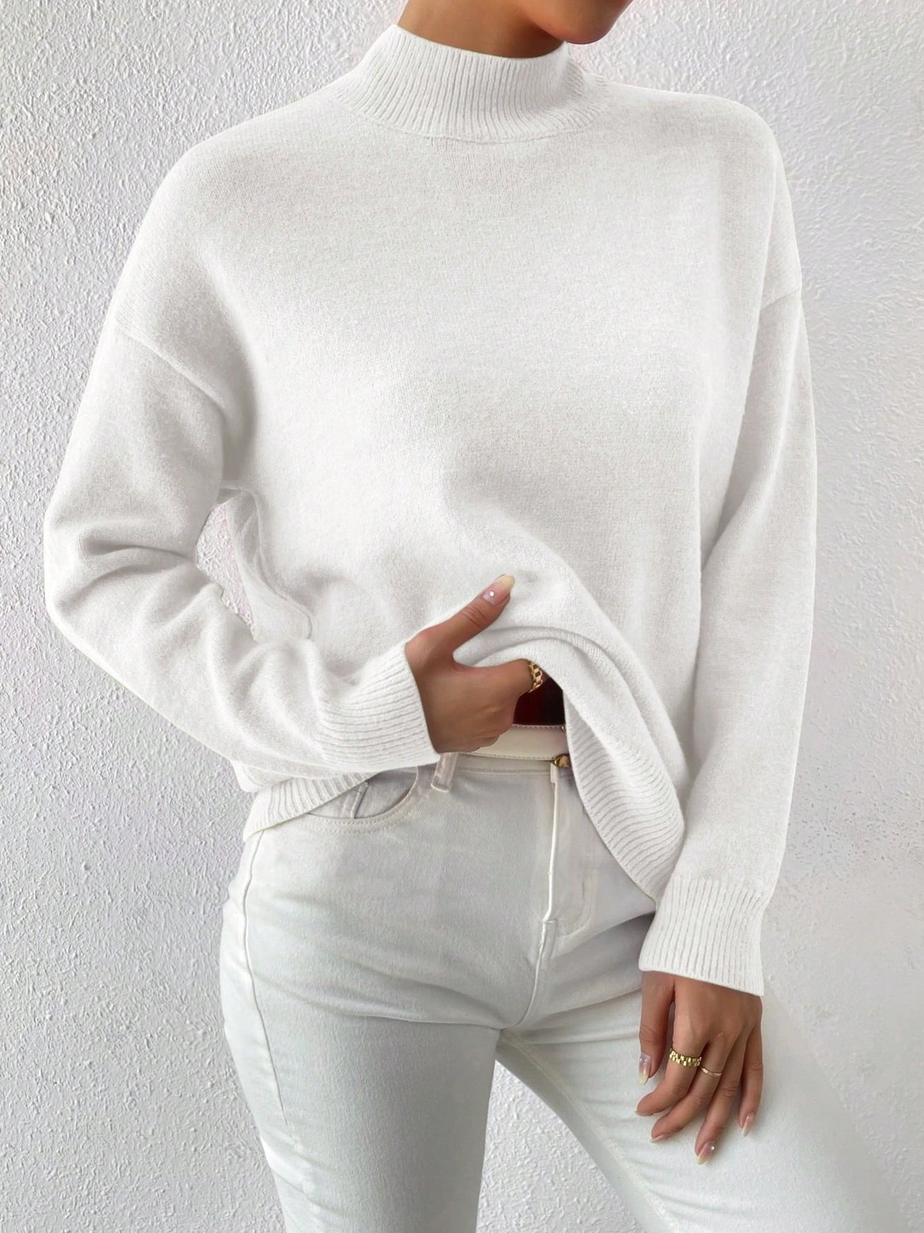 Damen Unifarben Nahtverarbeitung Winter Straße Langarm Mock Neck Pullover