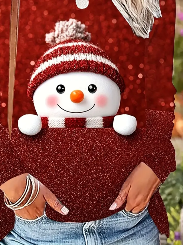 Damen Weihnachtsschneemann Langarm T-Shirts T-Shirt Rundhals Print Lässig Frühling/Herbst T-Shirt mit Grafik Oberteile