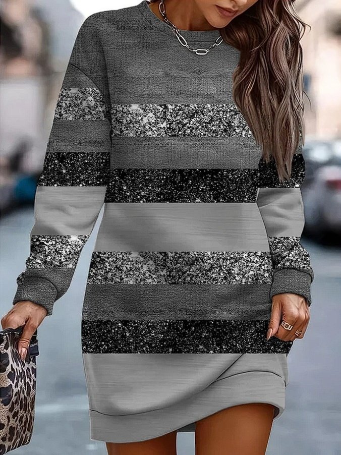 Damen Gestreift Langarm Frühling/Herbst Print Kleid Rundhals Täglich Retro Mini Hüftrock A-Linien-Kleid
