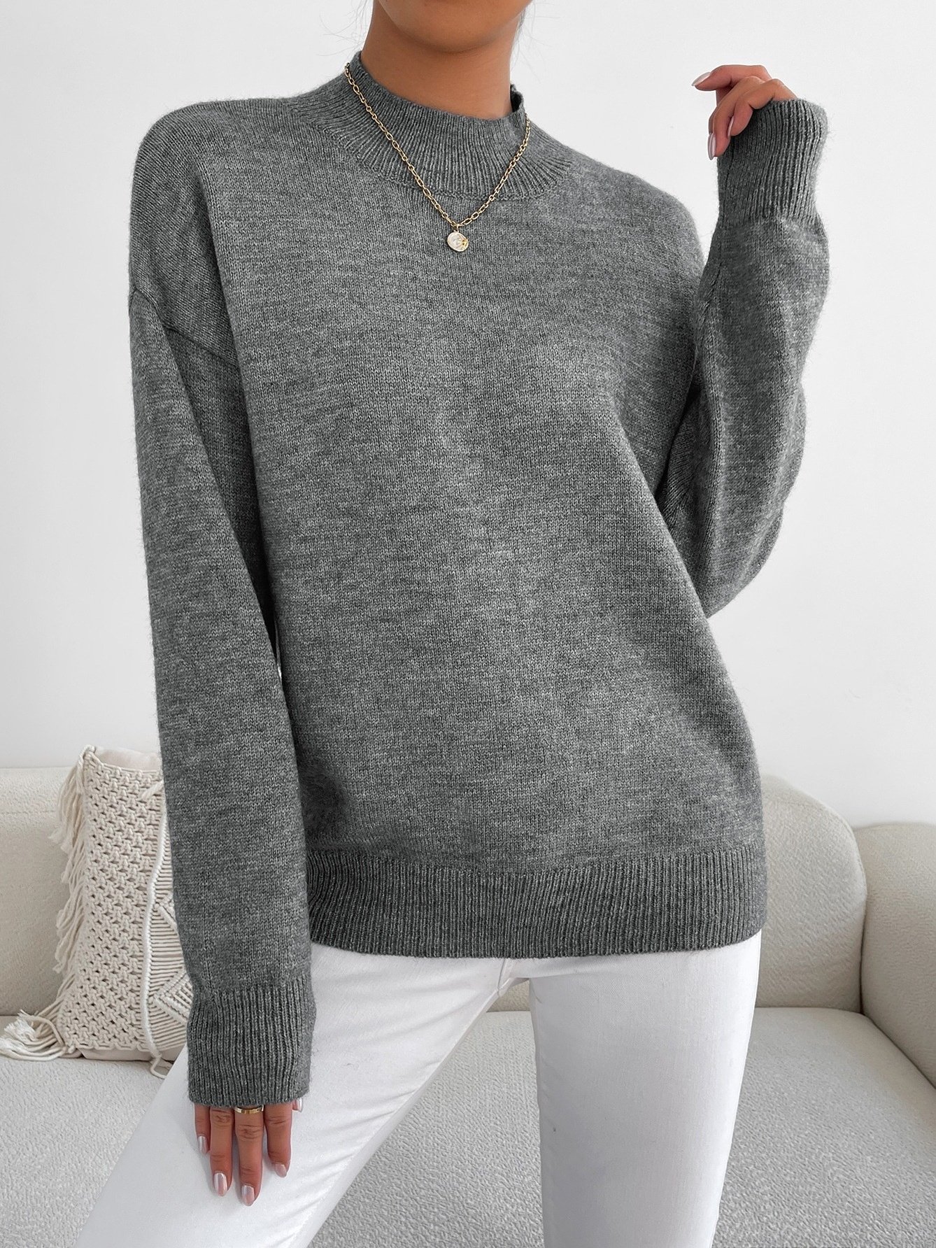 Damen Unifarben Nahtverarbeitung Winter Straße Langarm Mock Neck Pullover