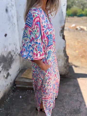 Damen Geblümt Langarm Frühling/Herbst Print Kleid V-Ausschnitt Ballon-Ärmel Täglich Retro Maxikleid T-Shirt-Kleid A-Linien-Kleid