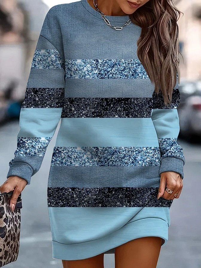 Damen Gestreift Langarm Frühling/Herbst Print Kleid Rundhals Täglich Retro Mini Hüftrock A-Linien-Kleid