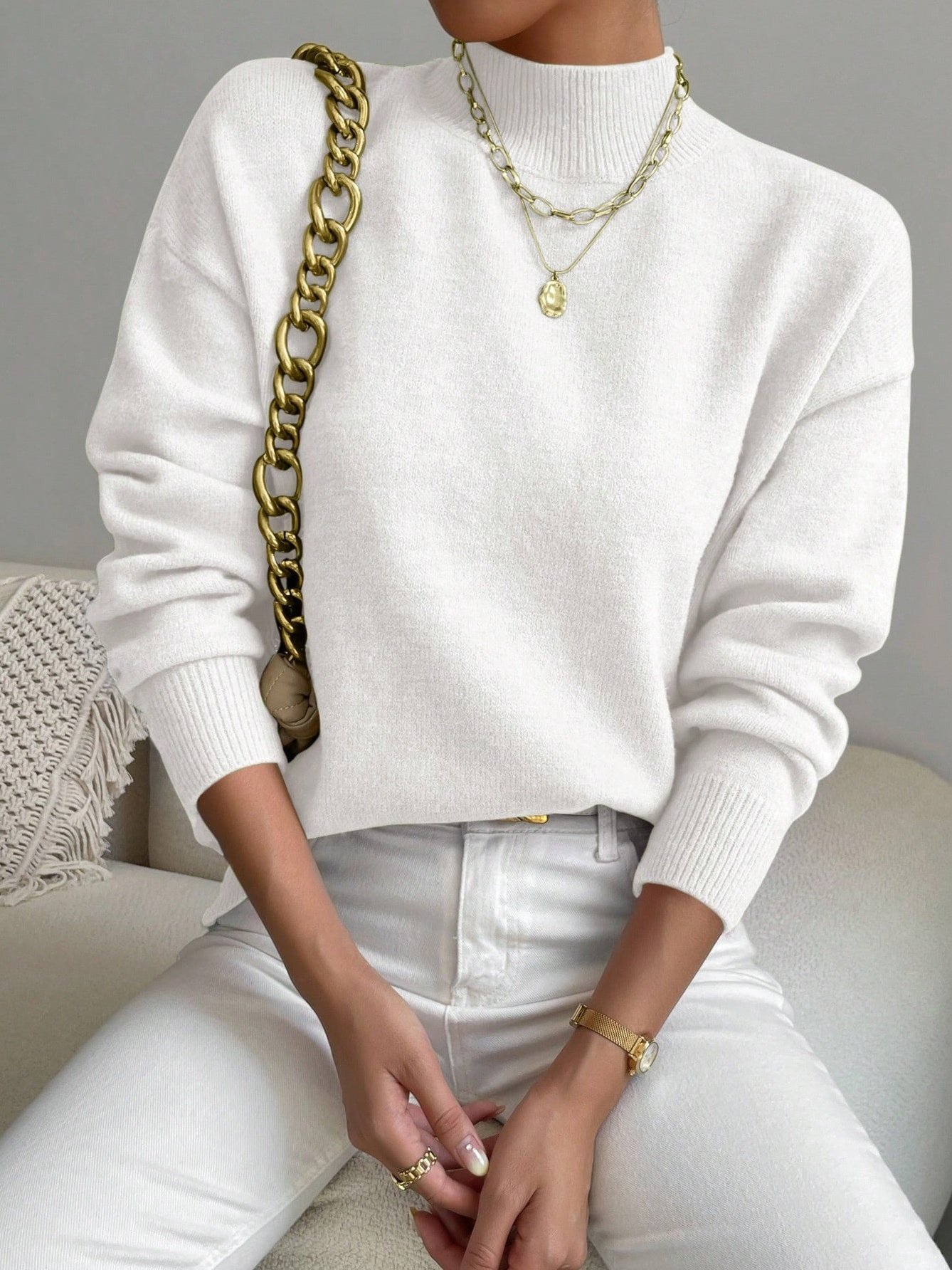 Damen Unifarben Nahtverarbeitung Winter Straße Langarm Mock Neck Pullover