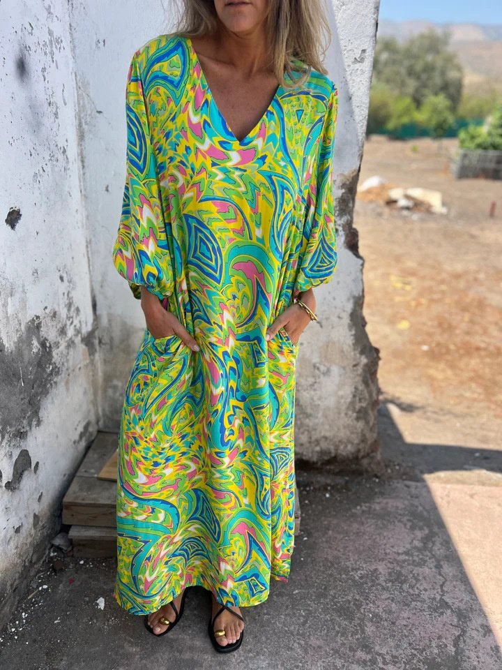 Damen Geblümt Langarm Frühling/Herbst Print Kleid V-Ausschnitt Ballon-Ärmel Täglich Retro Maxikleid T-Shirt-Kleid A-Linien-Kleid