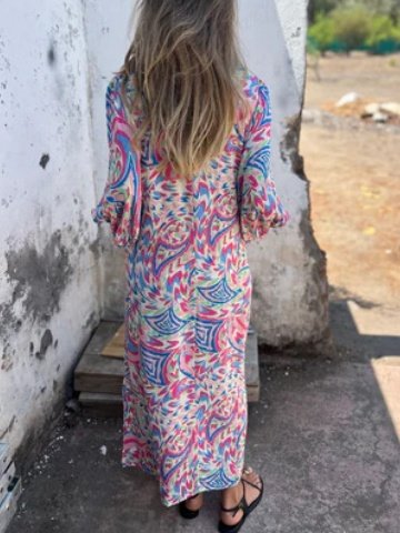 Damen Geblümt Langarm Frühling/Herbst Print Kleid V-Ausschnitt Ballon-Ärmel Täglich Retro Maxikleid T-Shirt-Kleid A-Linien-Kleid