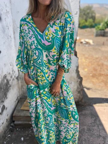 Damen Geblümt Langarm Frühling/Herbst Print Kleid V-Ausschnitt Ballon-Ärmel Täglich Retro Maxikleid T-Shirt-Kleid A-Linien-Kleid
