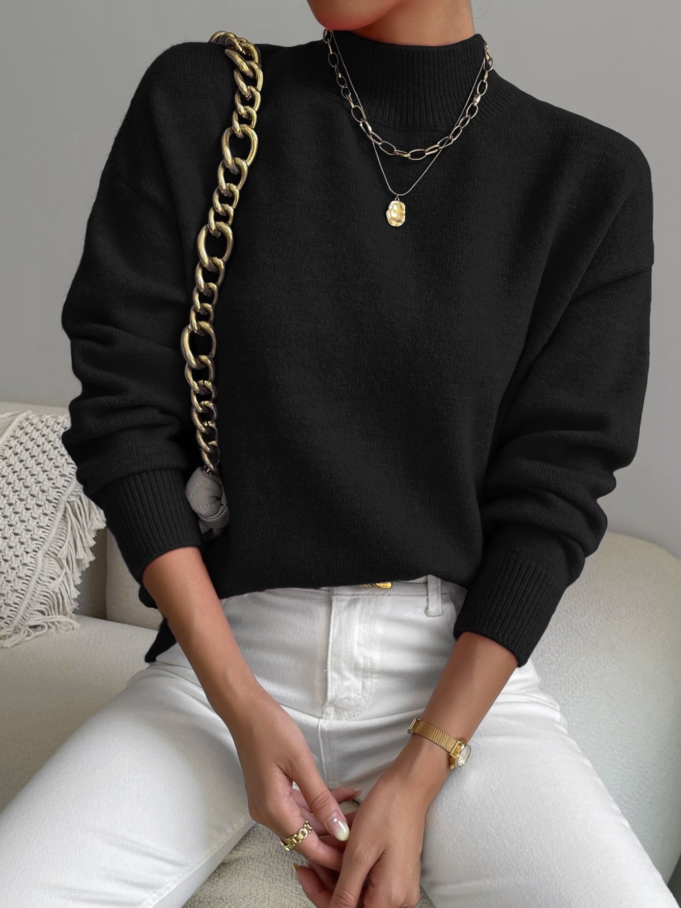 Damen Unifarben Nahtverarbeitung Winter Straße Langarm Mock Neck Pullover