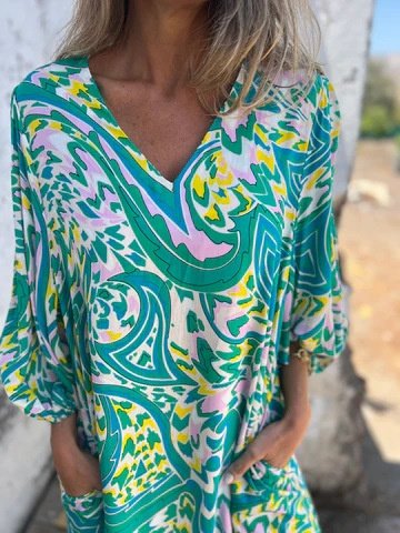 Damen Geblümt Langarm Frühling/Herbst Print Kleid V-Ausschnitt Ballon-Ärmel Täglich Retro Maxikleid T-Shirt-Kleid A-Linien-Kleid