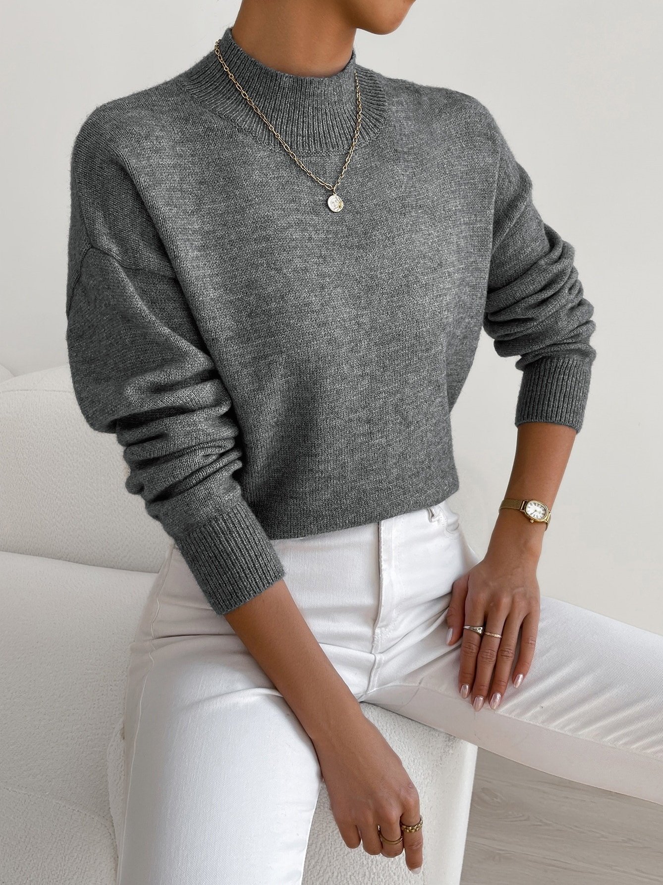 Damen Unifarben Nahtverarbeitung Winter Straße Langarm Mock Neck Pullover
