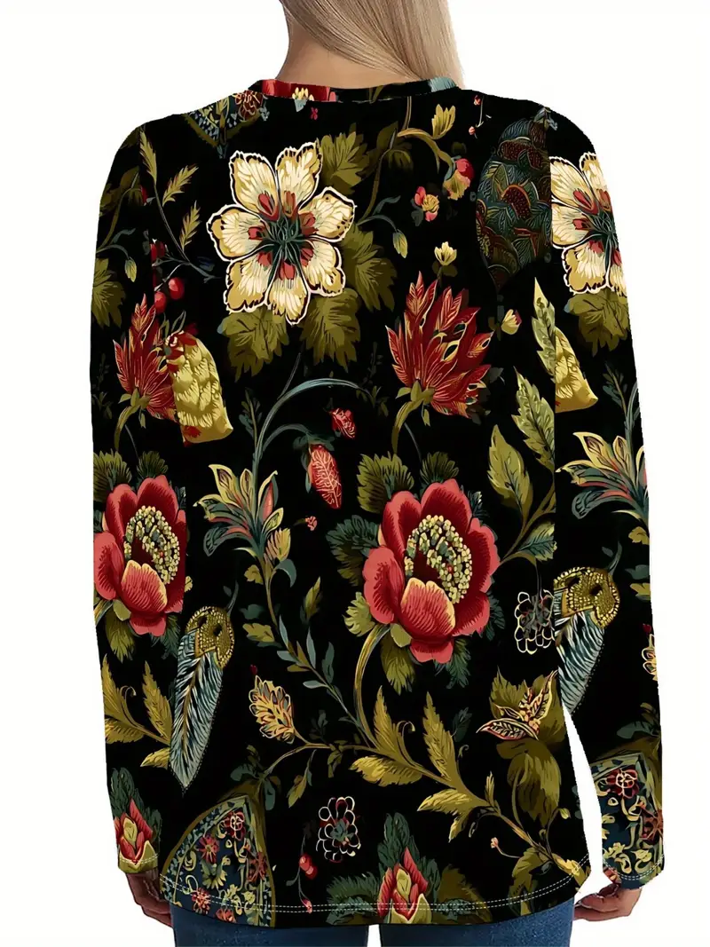 Damen Geblümt Langarm T-Shirts T-Shirt Rundhals Print Lässig Frühling/Herbst T-Shirt mit Grafik Oberteile