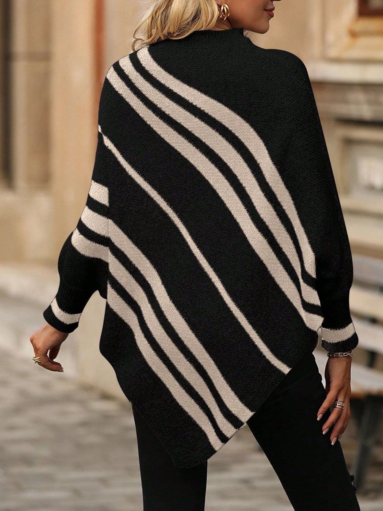 Damen Gestreift Print Winter Straße Langarm Mock Neck Pullover