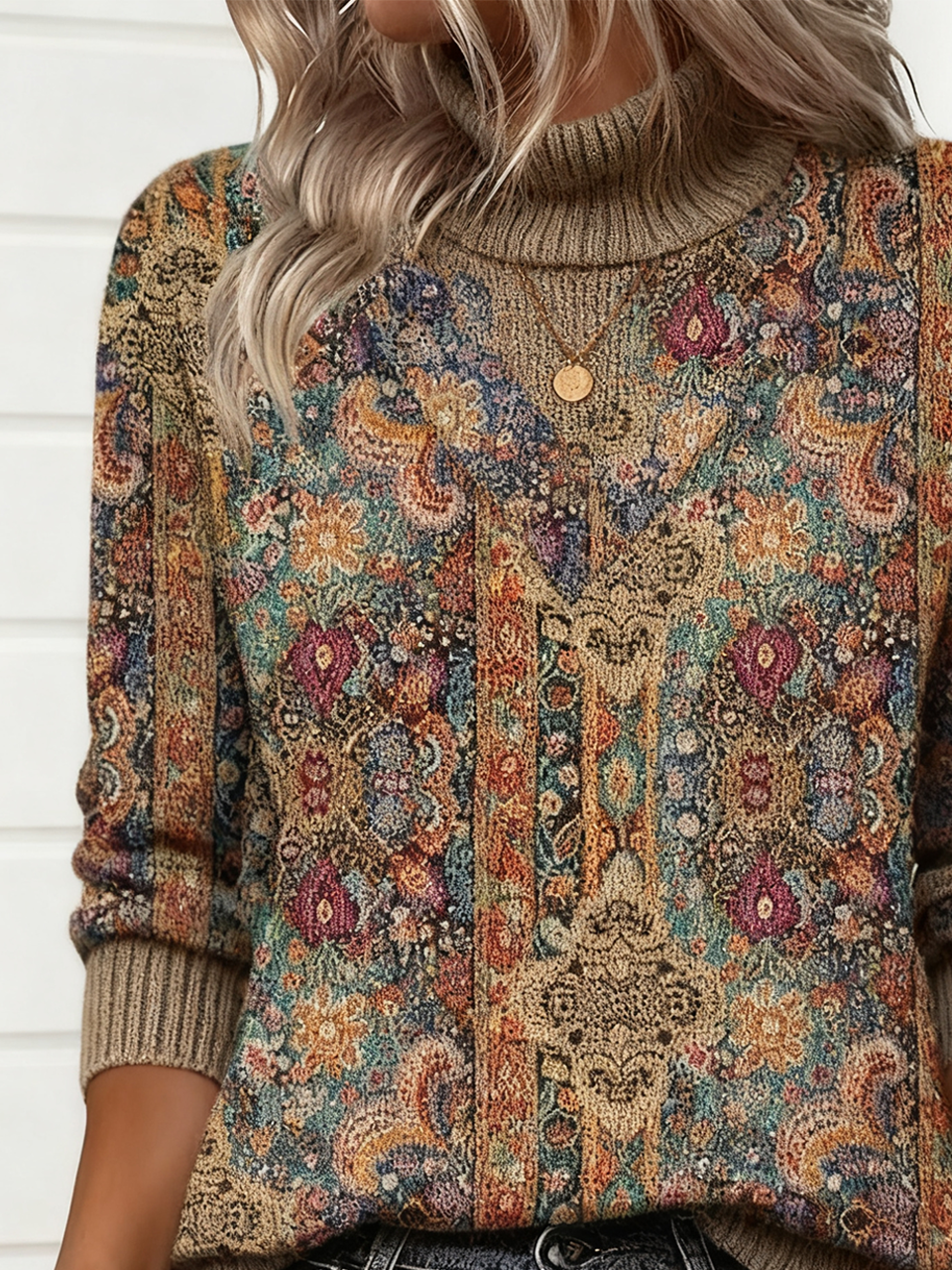 Damen Geometrisch Winter Retro Langarm Rollkragen Pullover