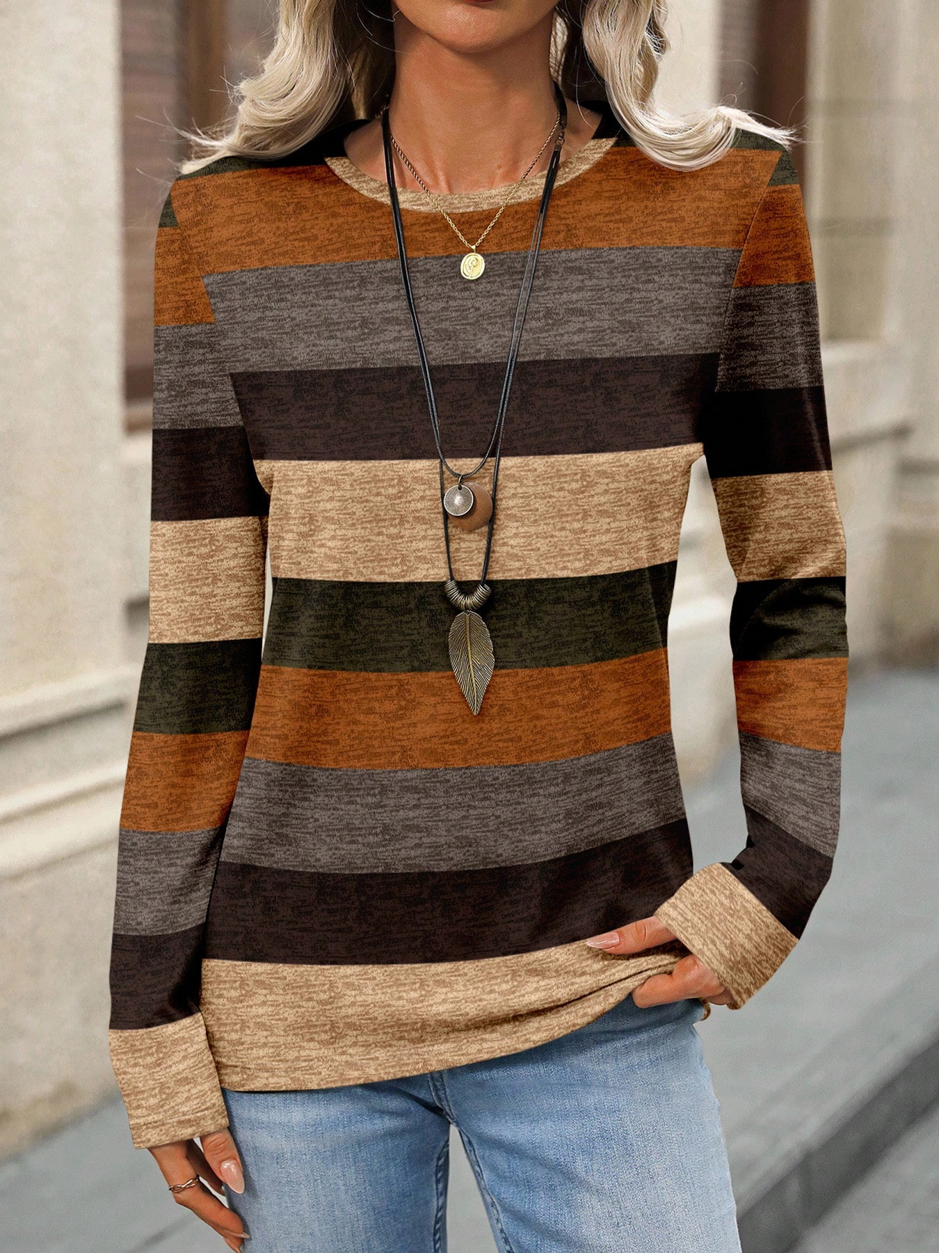 Damen Multifarben Block Langarm T-Shirts T-Shirt Rundhals Print Lässig Frühling/Herbst T-Shirt mit Grafik Oberteile