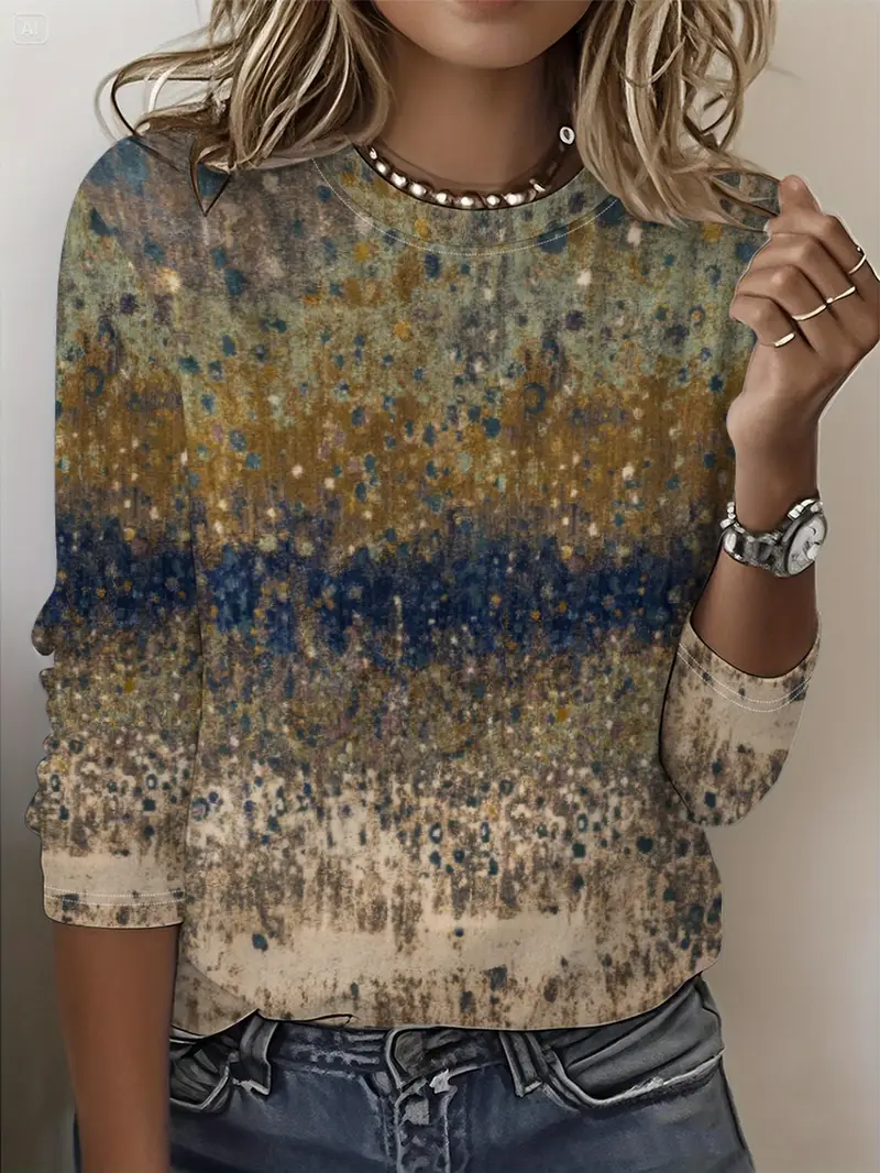 Damen Abstrakt Langarm T-Shirts T-Shirt Rundhals Print Lässig Frühling/Herbst T-Shirt mit Grafik Oberteile