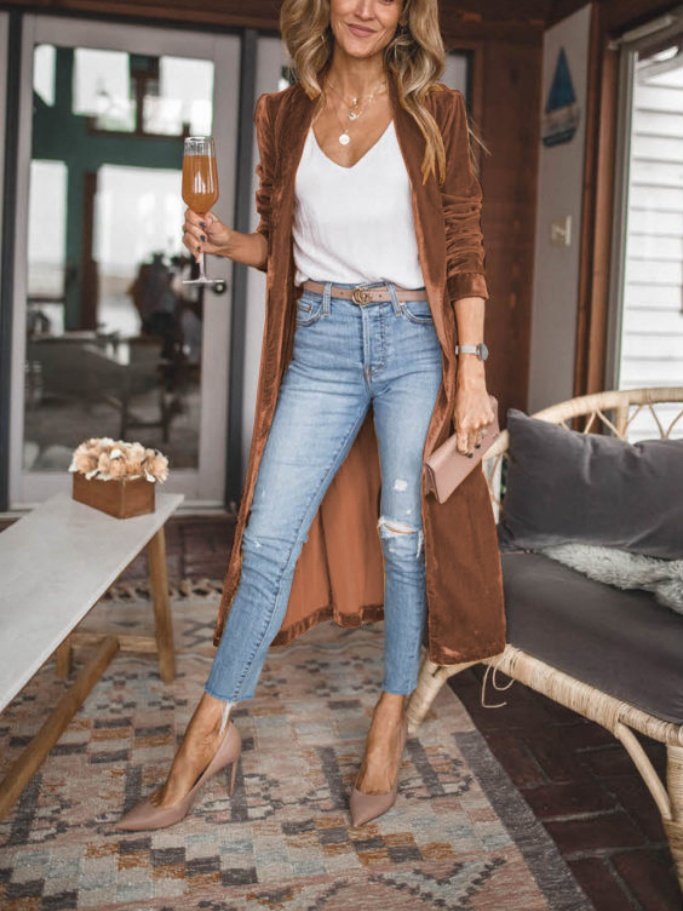 Damen Unifarben Frühling/Herbst Aufdecken Retro Nahtverarbeitung Leicht Strickjacke