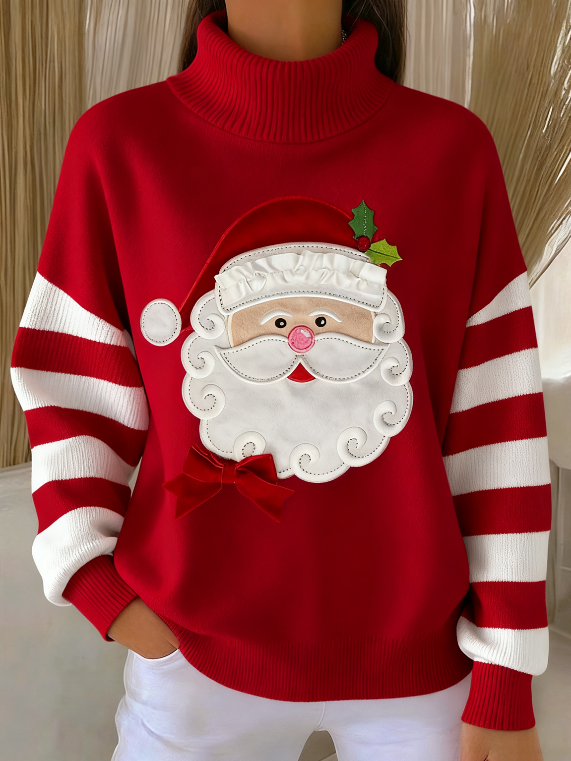 Damen Gestreift Winter Retro Langarm Rollkragen Pullover