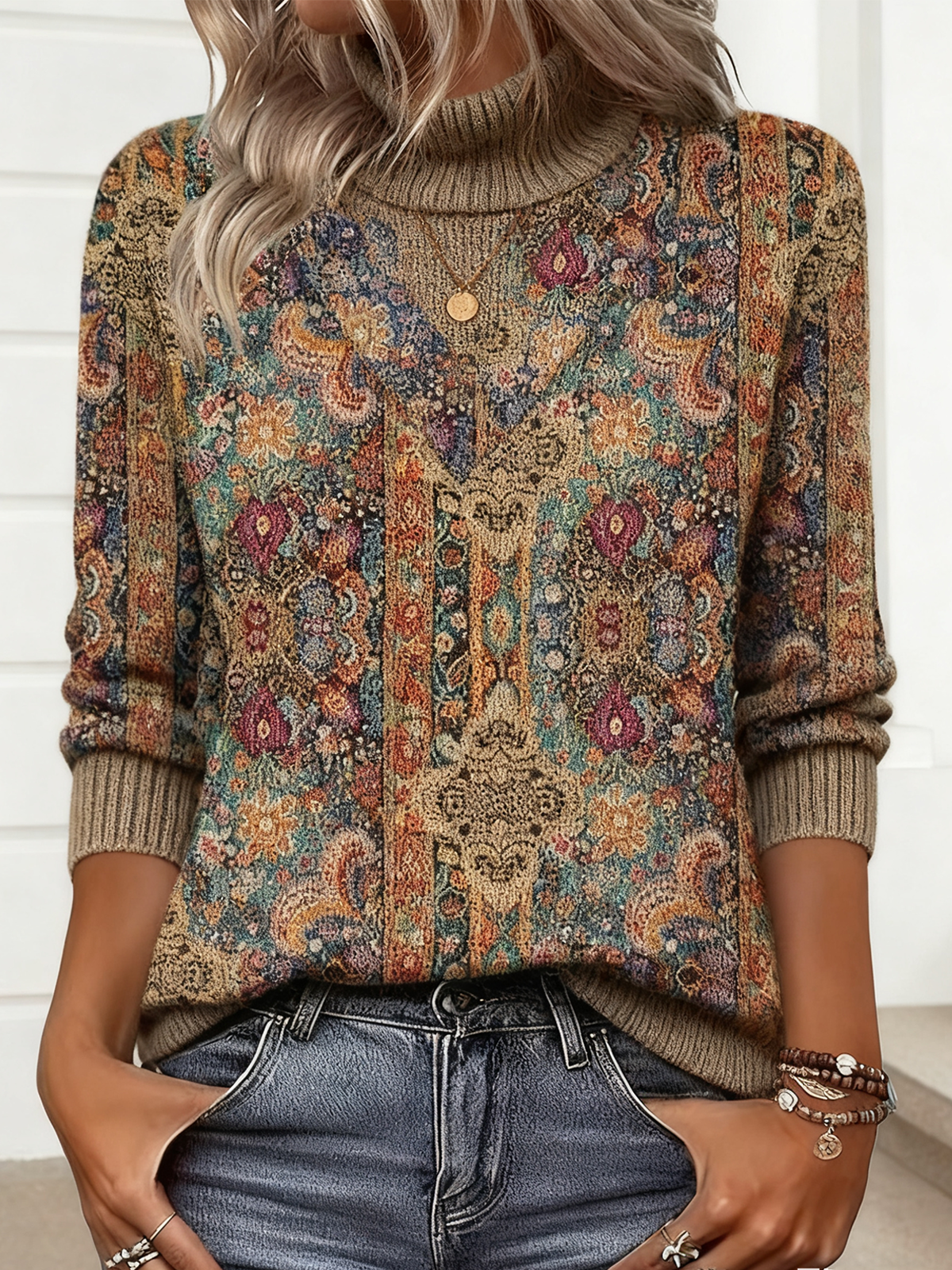 Damen Geometrisch Winter Retro Langarm Rollkragen Pullover