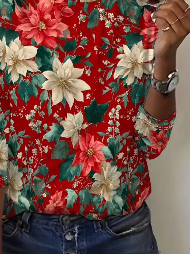 Damen Geblümt Langarm T-Shirts T-Shirt Rundhals Print Lässig Frühling/Herbst T-Shirt mit Grafik Oberteile