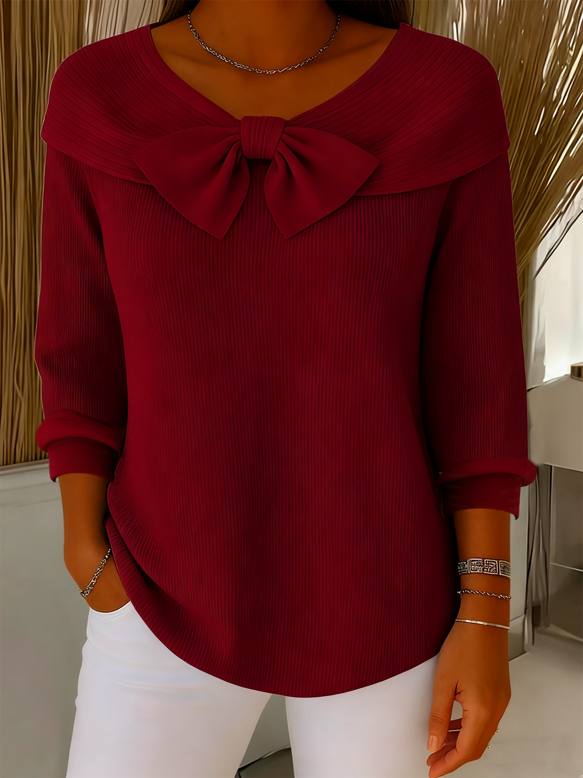 Unifarben Einfach Rundhals Weit Stricken Oberteile