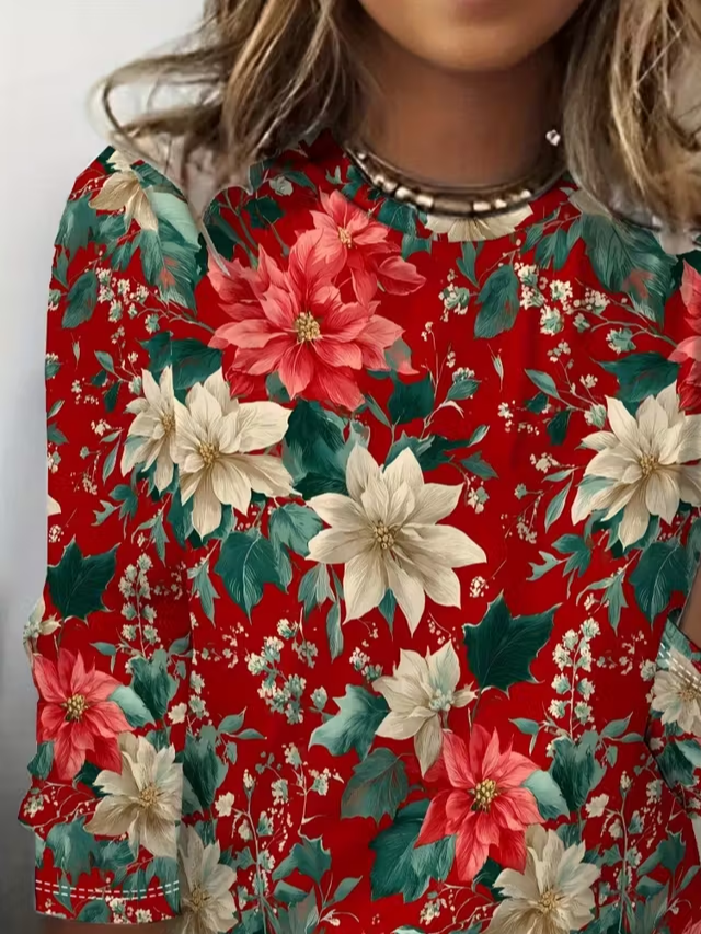 Damen Geblümt Langarm T-Shirts T-Shirt Rundhals Print Lässig Frühling/Herbst T-Shirt mit Grafik Oberteile