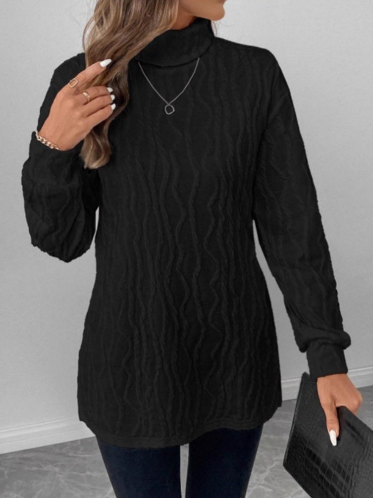 Damen Unifarben Langarm T-Shirts T-Shirt Rollkragen Geprägt Lässig Frühling/Herbst Oberteile