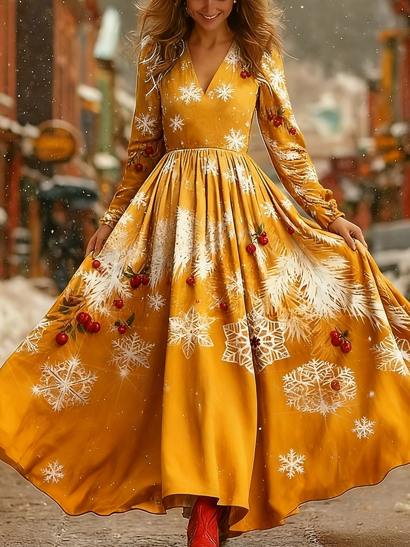 Damen Weihnachten Langarm Frühling/Herbst Kleid V-Ausschnitt Urlaub Retro Maxikleid A-Linien-Kleid