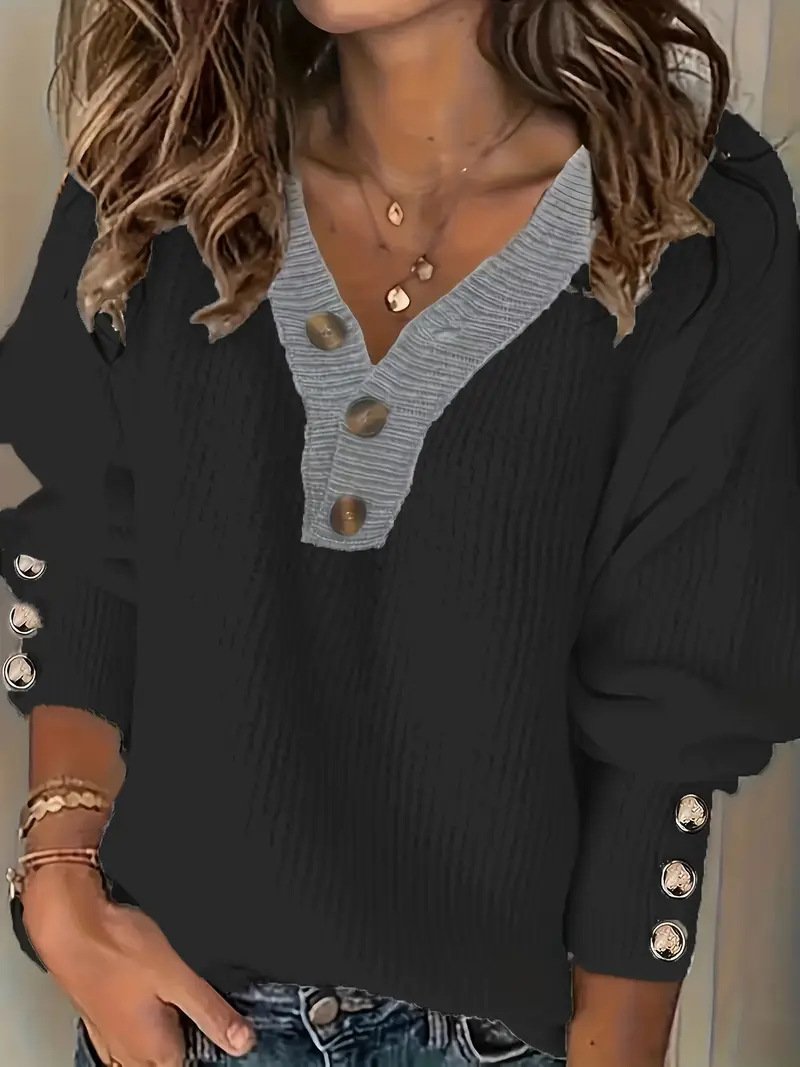 Damen Unifarben Nahtverarbeitung Winter Straße Langarm V-Ausschnitt Pullover