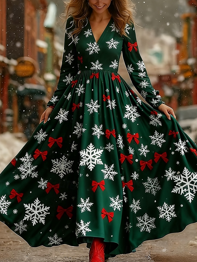 Damen Weihnachten Langarm Frühling/Herbst Kleid V-Ausschnitt Urlaub Retro Maxikleid A-Linien-Kleid