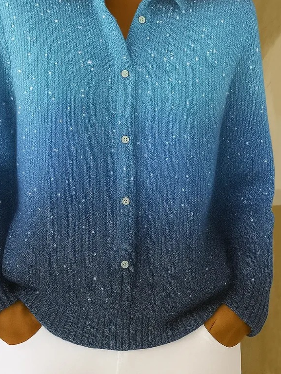 Damen Farbverlauf Print Langarm Schalkragen Retro Frühling/Herbst Strickjacke Oberbekleidung