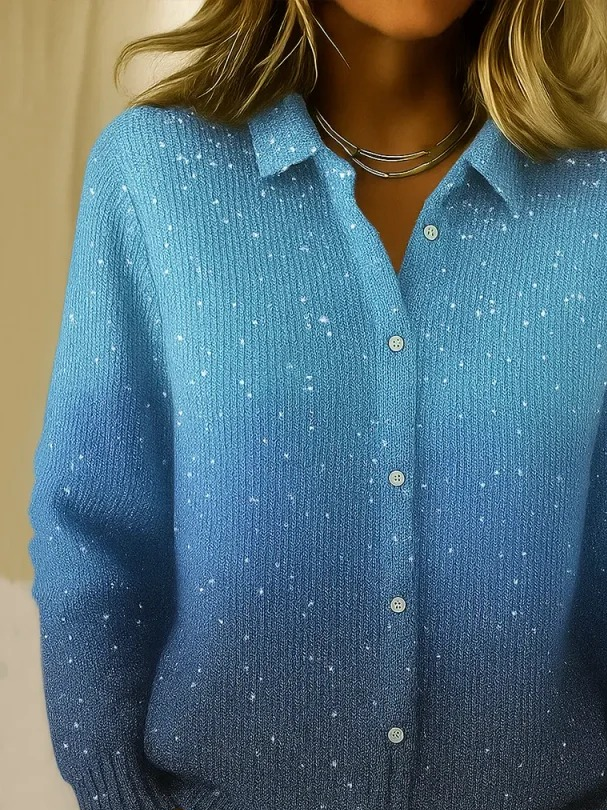 Damen Farbverlauf Print Langarm Schalkragen Retro Frühling/Herbst Strickjacke Oberbekleidung