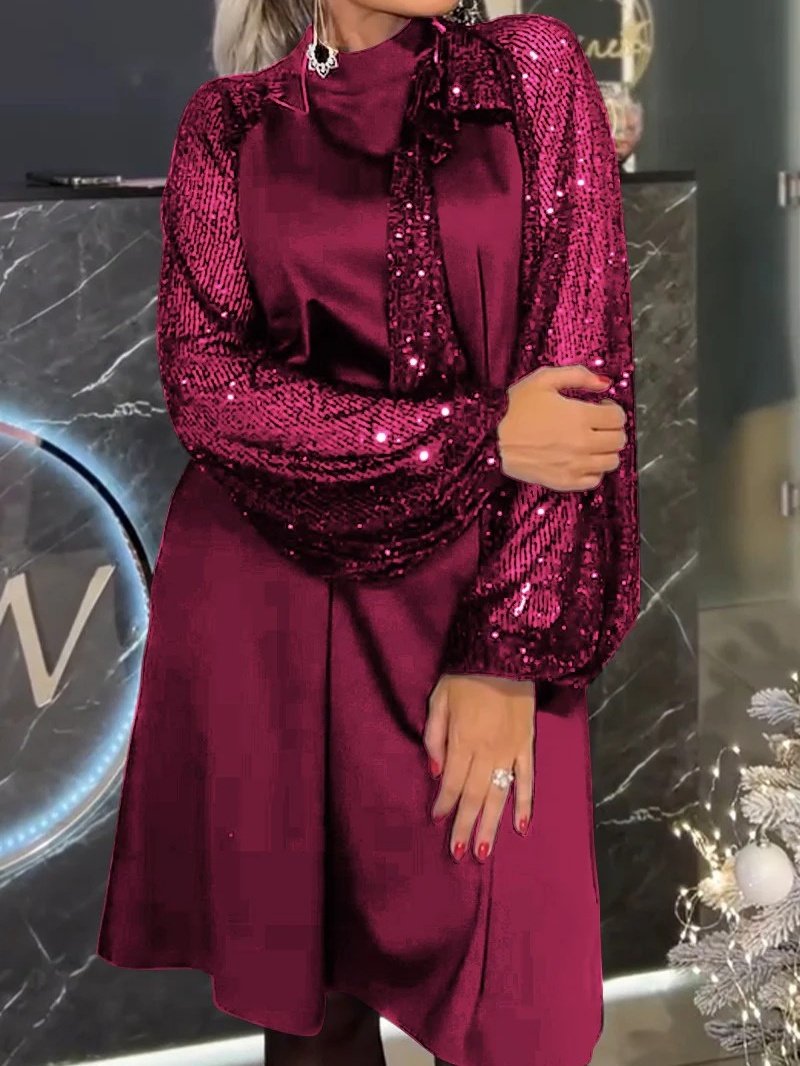 Damen Unifarben Langarm Frühling/Herbst Nahtverarbeitung Kleid Rundhals Täglich Retro Midi Paillette A-Linien-Kleid