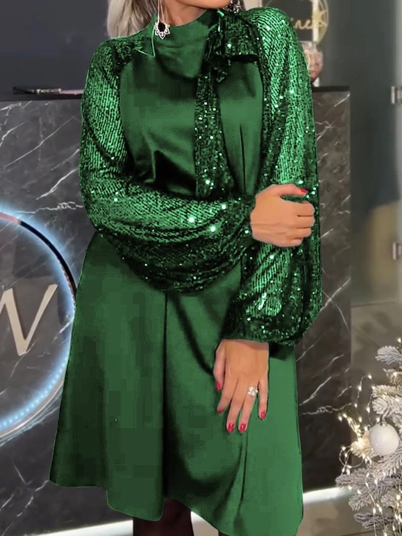 Damen Unifarben Langarm Frühling/Herbst Nahtverarbeitung Kleid Rundhals Täglich Retro Midi Paillette A-Linien-Kleid