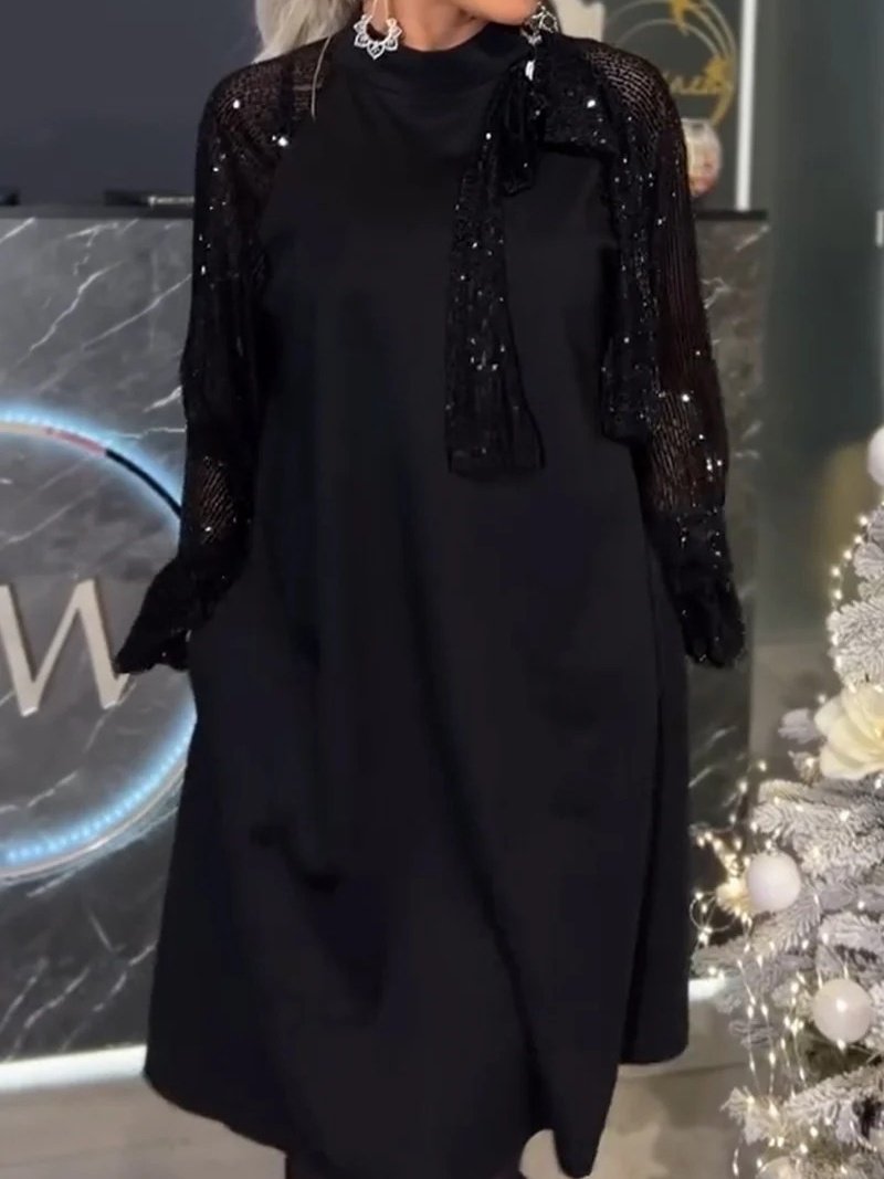 Damen Unifarben Langarm Frühling/Herbst Nahtverarbeitung Kleid Rundhals Täglich Retro Midi Paillette A-Linien-Kleid