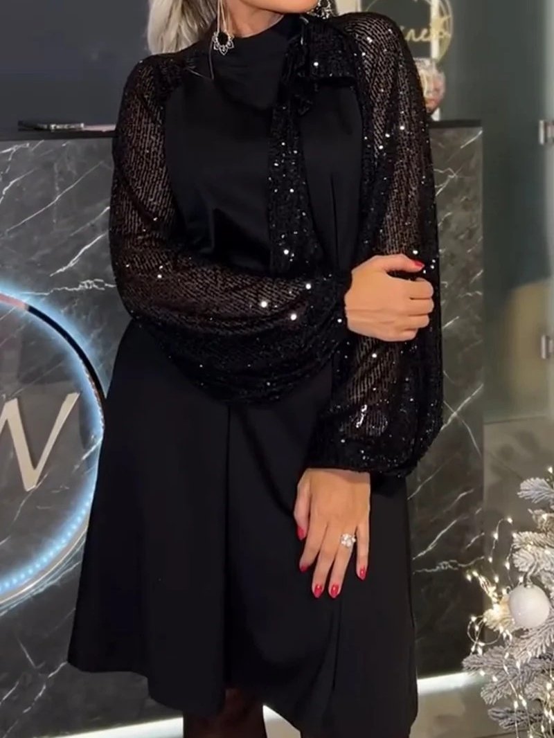 Damen Unifarben Langarm Frühling/Herbst Nahtverarbeitung Kleid Rundhals Täglich Retro Midi Paillette A-Linien-Kleid