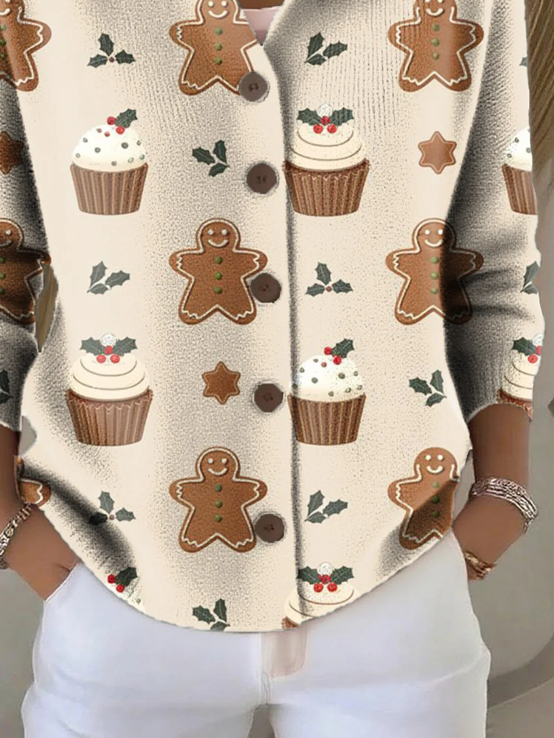 Damen Weihnachten Print Langarm Schalkragen Retro Frühling/Herbst Strickjacke Oberbekleidung