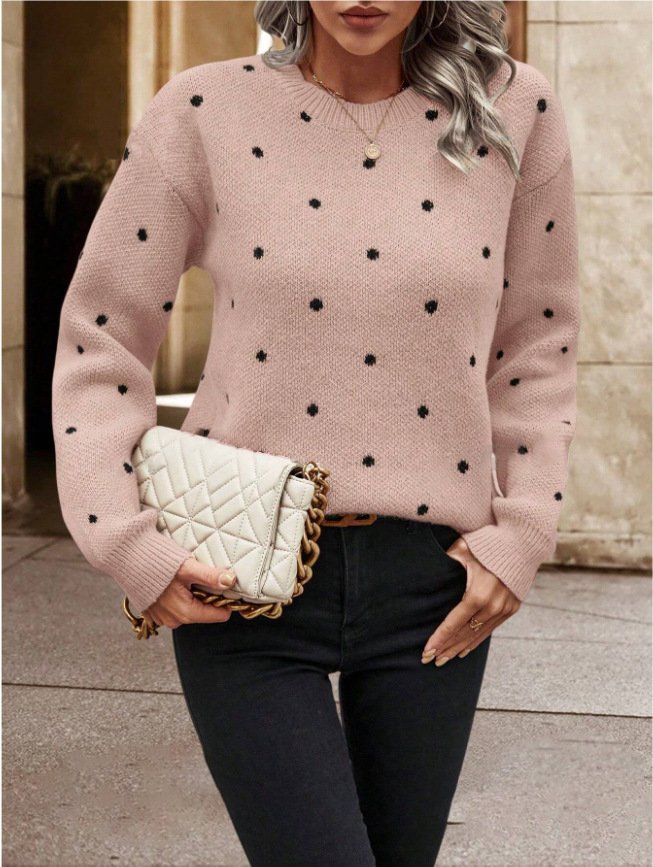 Damen Polka Dots Print Winter Lässig Langarm Rundhals Pullover