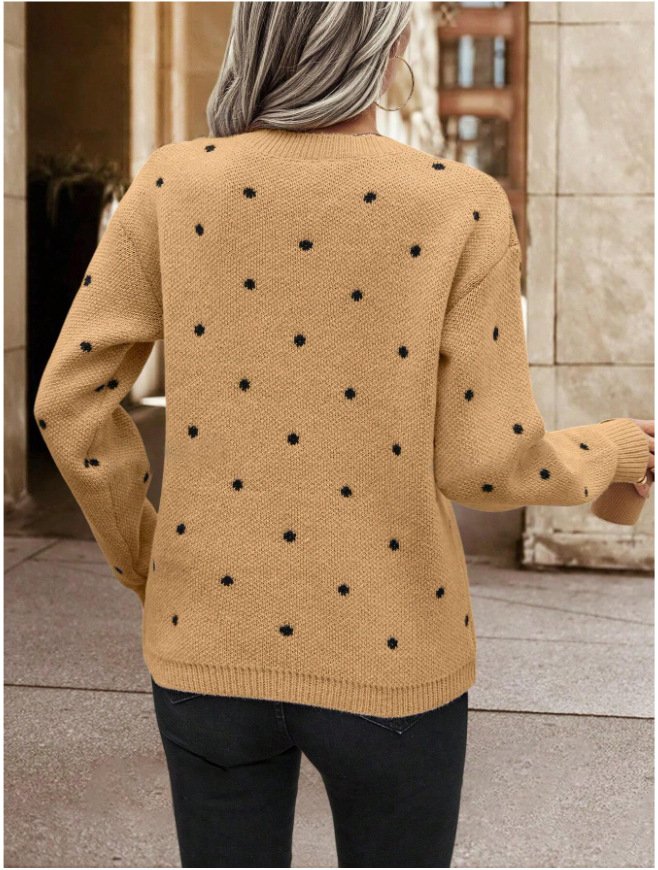 Damen Polka Dots Print Winter Lässig Langarm Rundhals Pullover