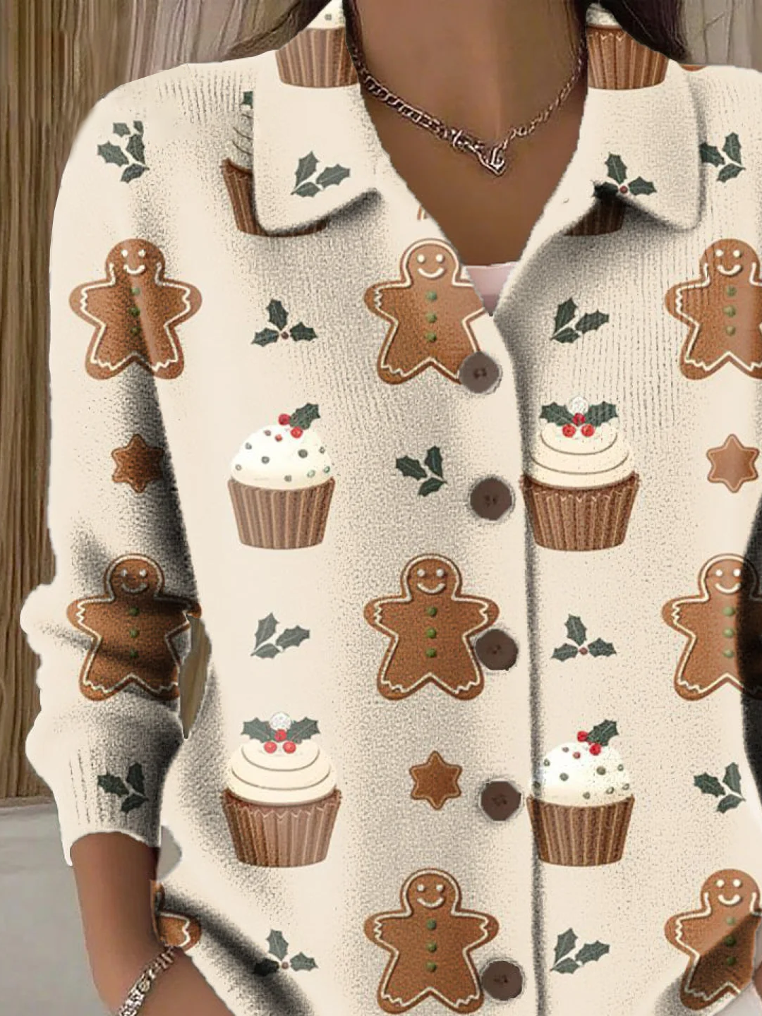 Damen Weihnachten Print Langarm Schalkragen Retro Frühling/Herbst Strickjacke Oberbekleidung