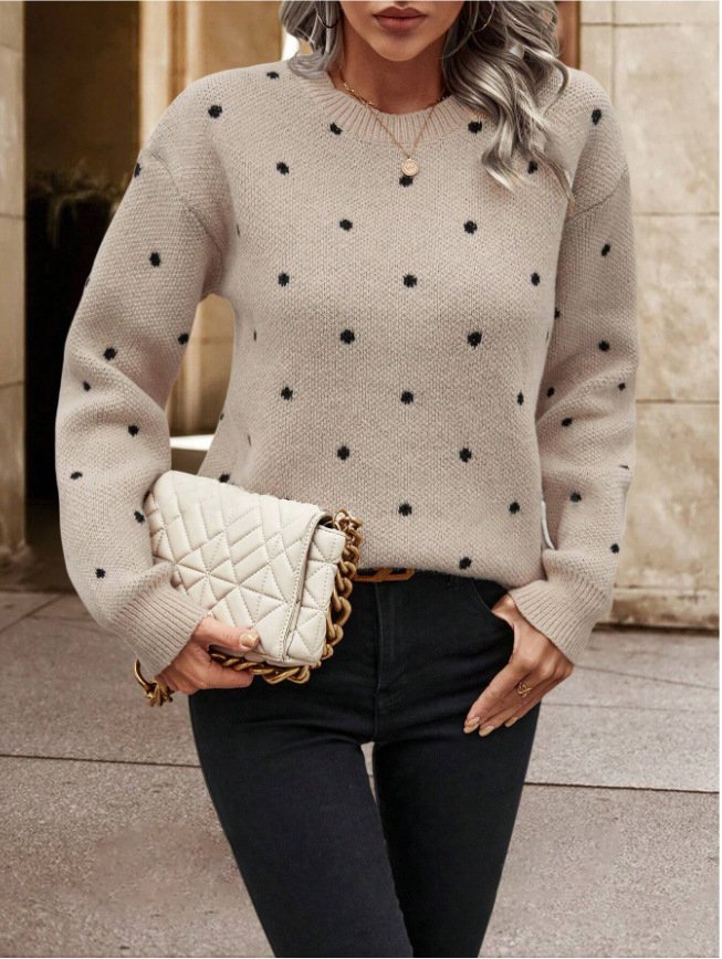 Damen Polka Dots Print Winter Lässig Langarm Rundhals Pullover