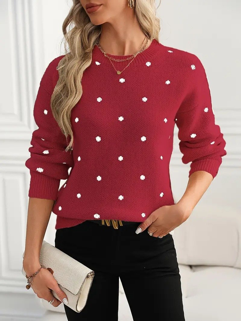 Damen Polka Dots Print Winter Lässig Langarm Rundhals Pullover