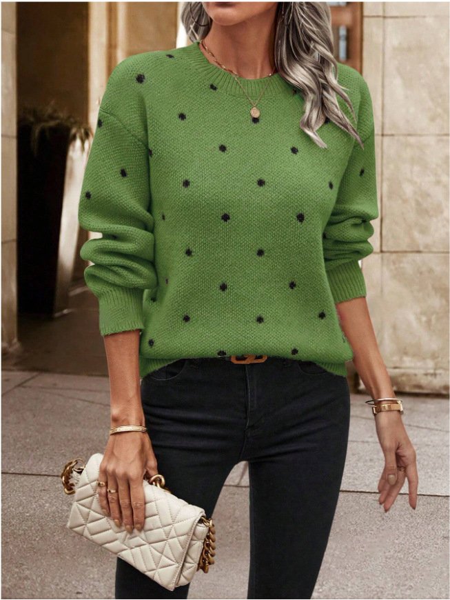 Damen Polka Dots Print Winter Lässig Langarm Rundhals Pullover
